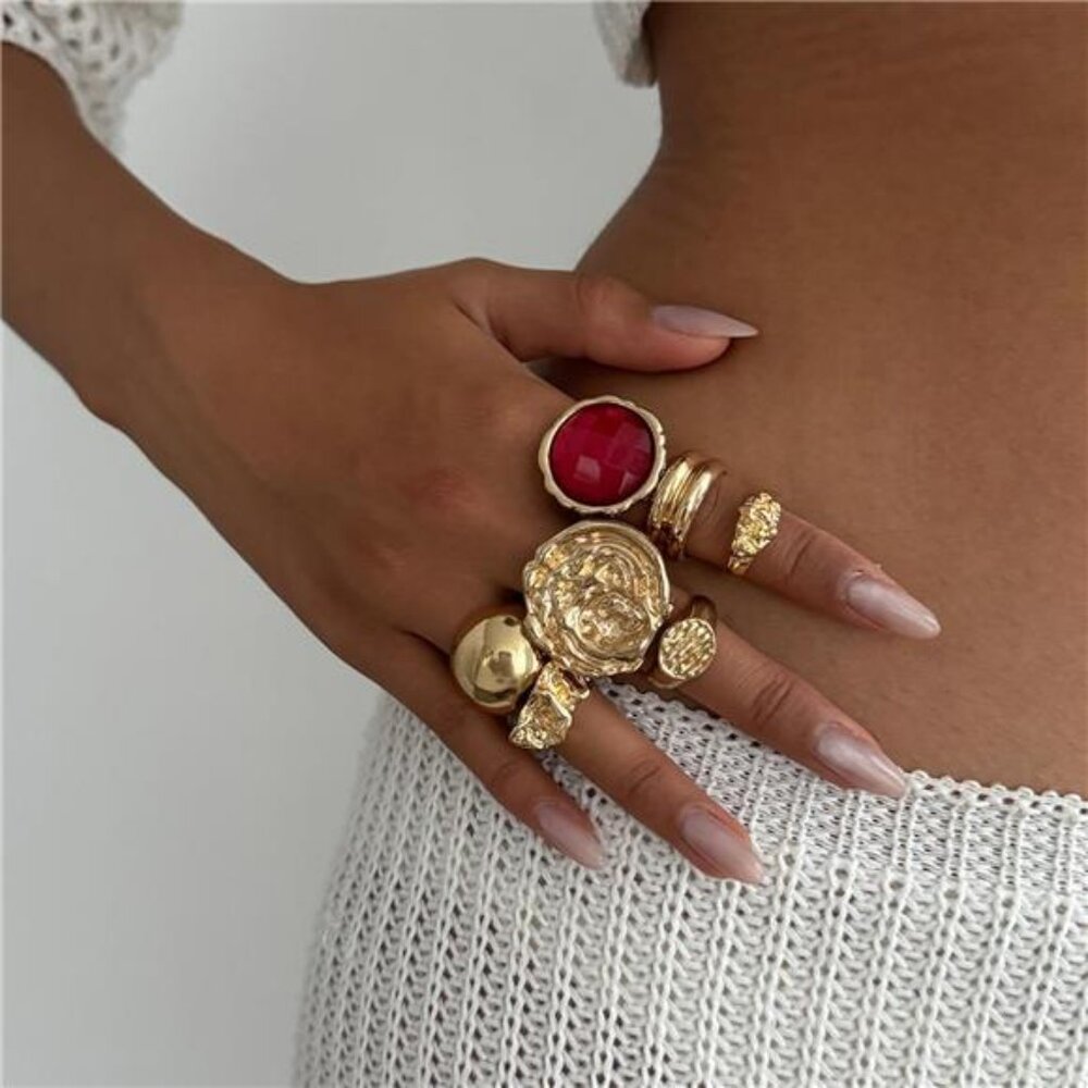 Vintage Boho Gemstone Ring Set – 6-8pc Gold-Tone Stackable Statement Rings